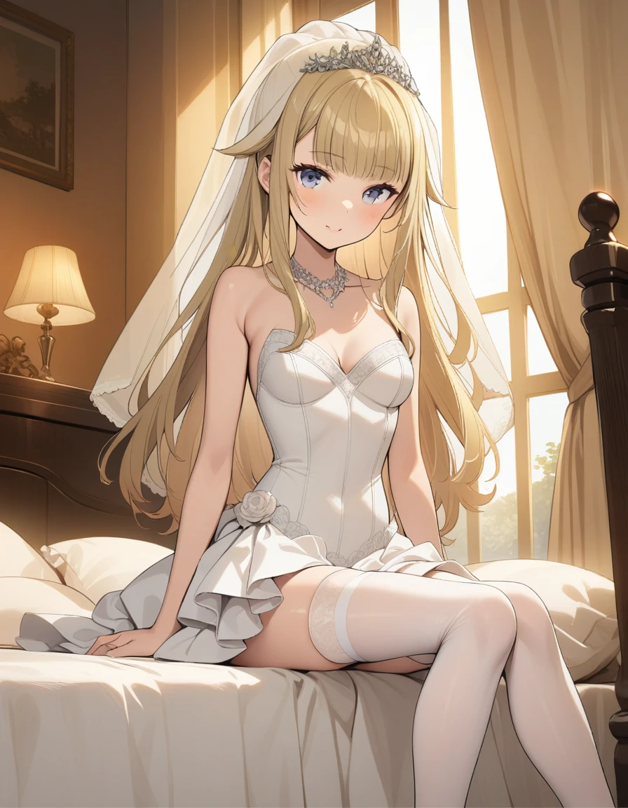 ((masterpiece)),(((best quality))),((ultra-detailed)),((illustration)),((disheveled hair)),((frills)),(1 girl),(solo), 1girl, bed, bedroom, litte_breasts, bridal_veil, canopy_bed, chair, cleavage, curtains, dress, feet, indoors, lips, looking_at_viewer, long_hair, sitting, solo, thighhighs, veil, wedding_dress, white_dress, white_legwear, window, rating:safe, blonde_hair, grey_eyes