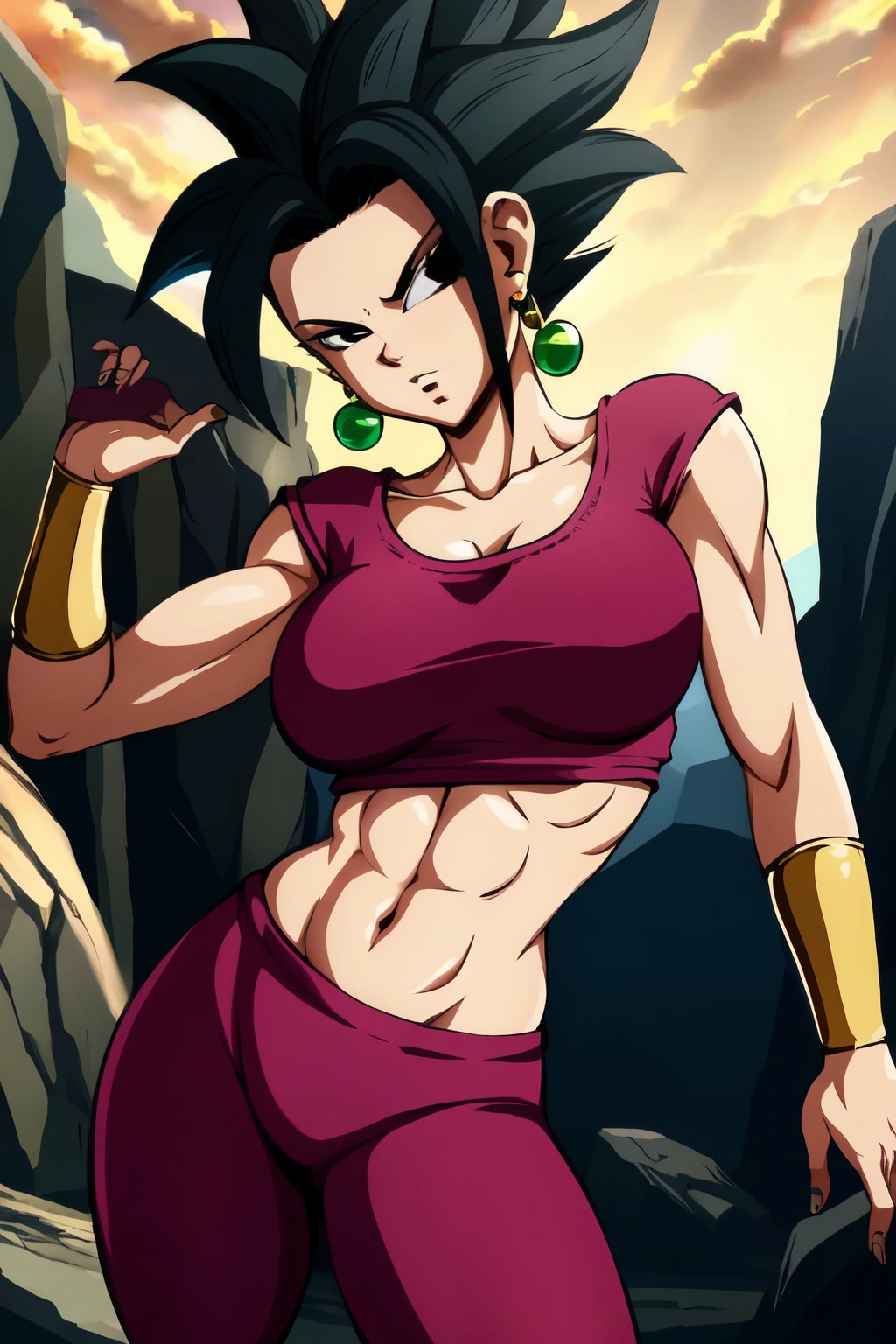  masterpiece ,The best quality,extreme detail,8K,kefla2 ,1 girl,Alone,breasts, looking at the viewer, short hair ,large breasts, black hair,belly button,jewelry,clavicle,green earrings,pants, black eyes , crop top, pointed hair, cropped t-shirt,cowboy_shot,superior_body,