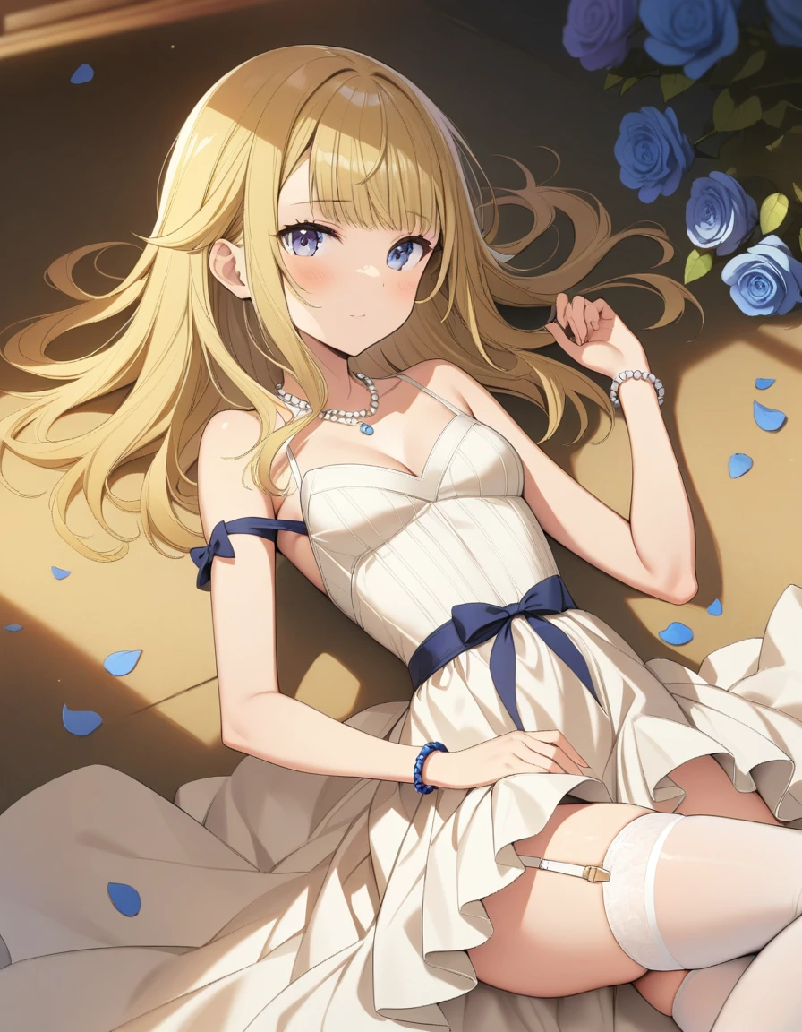 ((masterpiece)),(((best quality))),((ultra-detailed)),((illustration)),((disheveled hair)),((frills)),(1 girl),(solo), 1girl, blue_flower, bracelet, litte_breasts, cleavage, dress, flower, garter_straps, high_heels, jewelry, looking_at_viewer, lying, necklace, on_back, pearl_necklace, petals, rose_petals, short_hair, solo, thighhighs, white_dress, rating:safe, blonde_hair, grey_eyes