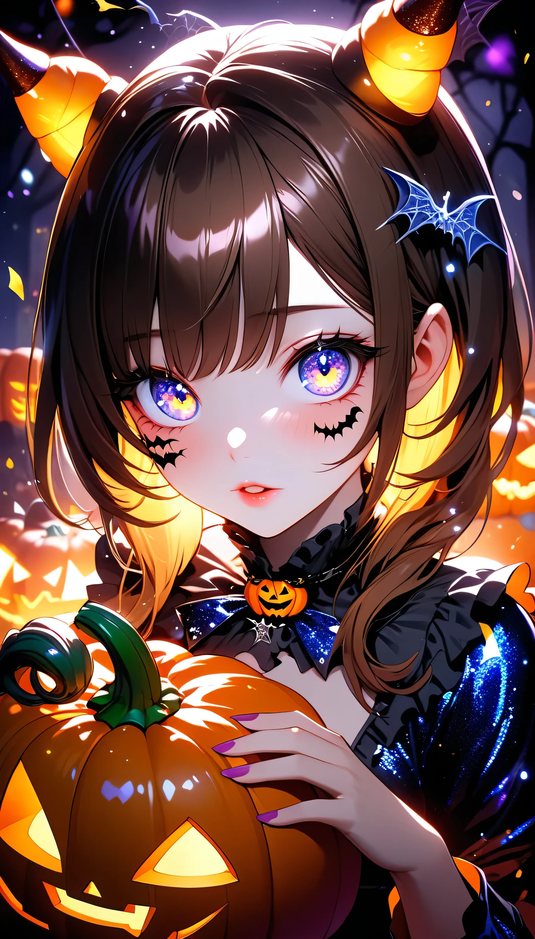 (beautiful girl:1.3),masterpiece,Please redeem,Ultra-high resolution,rich contrast,Very high quality,8k,Highly detailed CG unit wallpaper,Texture,So ridiculous,RAW Photos,Highest quality anime,Depth of written boundary 1.2,ultra-detailed eyes,Glowing Skin,Glitter Effect,Beautiful glossy lips,(double pumpkinbuns,Brown Hair),( Halloween ),Looks like she&#39;s about 15,ROUGH,The tip of the skirt is equipped with a round light that emits yellow light