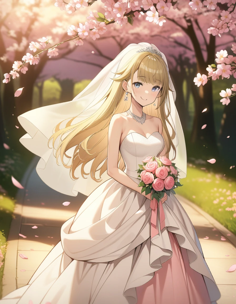 ((masterpiece)),(((best quality))),((ultra-detailed)),((illustration)),((disheveled hair)),((frills)),(1 girl),(solo), 1girl, bare_shoulders, bouquet, bridal_veil, bride, cherry_blossoms, confetti, depth_of_field, dress, earrings, falling_leaves, falling_petals, flower, hanami, jewelry, leaves_in_wind, long_hair, looking_at_viewer, motion_blur, petals, petals_on_liquid, pink_flower, rose, rose_petals, see-through, smile, solo, spring_(season), standing, tree, veil, watermark, wedding_dress, wind, rating:safe, blurry, blonde_hair, grey_eyes