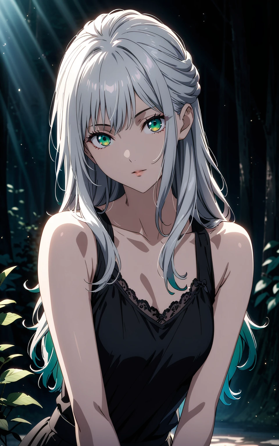 ( best quality :1.2、 Anime Artwork、 very detailed 、 attention to detail、Digital coloring、 high contrast、masterpiece:1.2、 best quality 、Best aesthetics),Detailed woman、Beautiful green eyes, black tank top ,Long black skirt,Long silver hair, Viewers,the above、Figure with arms turned   , forest、morning、fog、Vibrant colors、Mysteriously Beautiful  、Mysterious Light、Graceな枝、Delicate leaves、  quiet atmosphere、Grace、Graceな生き物、Black Feather、 Sharp Eye 、Intellectual gaze、 Inquisitive personality、 portrait,