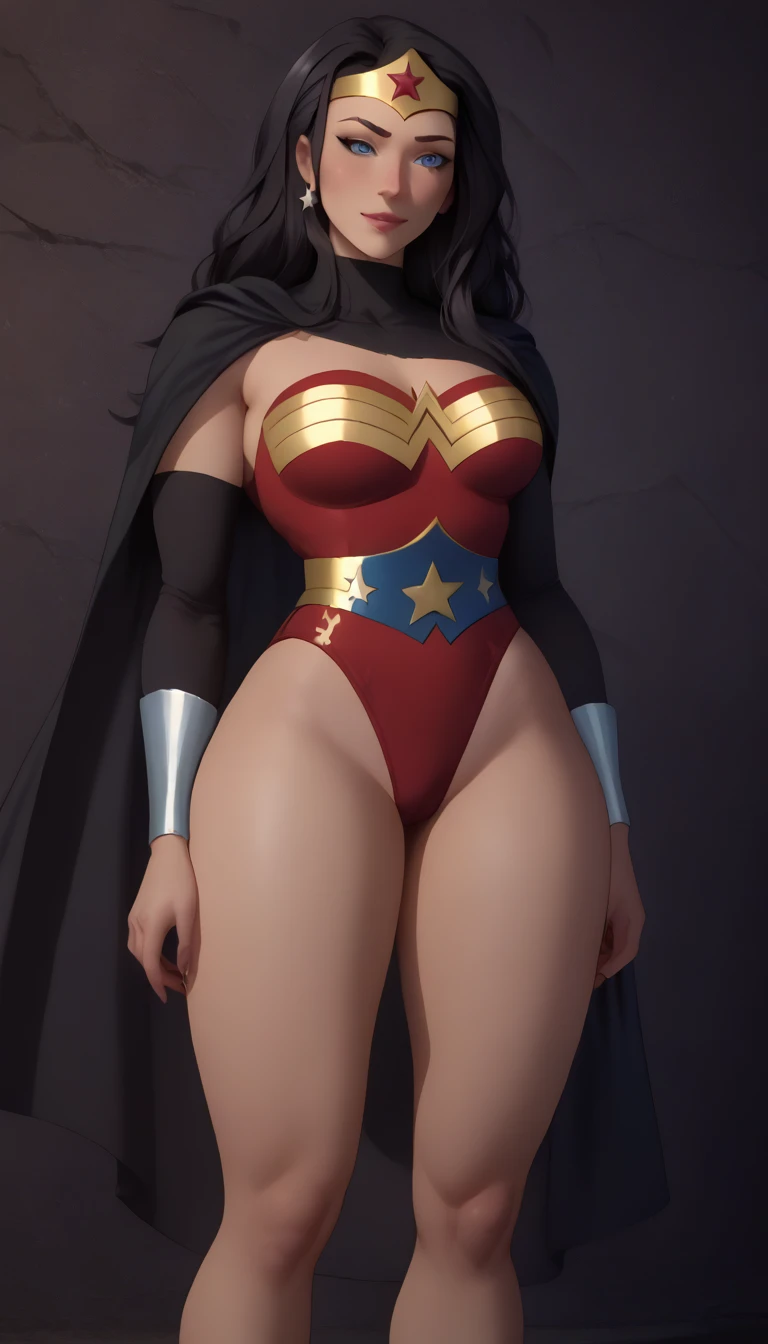 Tall mature woman, black hair , Wonder Woman athletic and attractive superhero body      ,  big  , beautiful curves , ela esta agaichada ,  with his legs spread ,    with one hand resting on her face smiling a villain who took her body smiling in the mirror admiring herself    ,    wearing a short uniform with gold edges with black sleeves wearing a black hooded cape wearing short red panties barefoot he thinks about what I'm going to do with that body 
