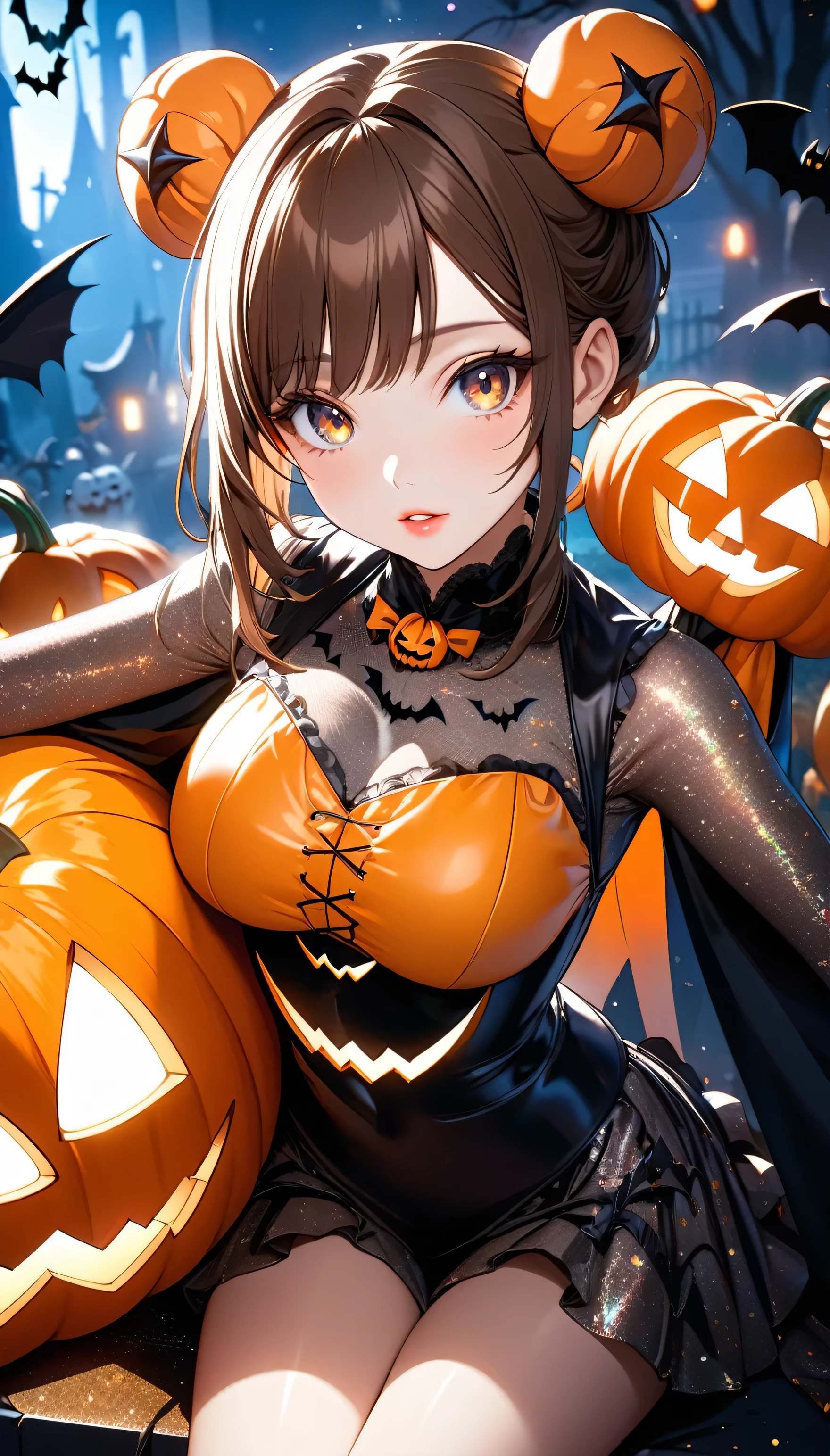 (beautiful girl:1.3),masterpiece,Please redeem,Ultra-high resolution,rich contrast,Very high quality,8k,Highly detailed CG unit wallpaper,Texture,So ridiculous,RAW Photos,Highest quality anime,Depth of written boundary 1.2,ultra-detailed eyes,Glowing Skin,Glitter Effect,Beautiful glossy lips,(double pumpkinbuns,Brown Hair),( Halloween ),Looks like she&#39;s about 15,ROUGH,The tip of the skirt is equipped with a round light that emits yellow light