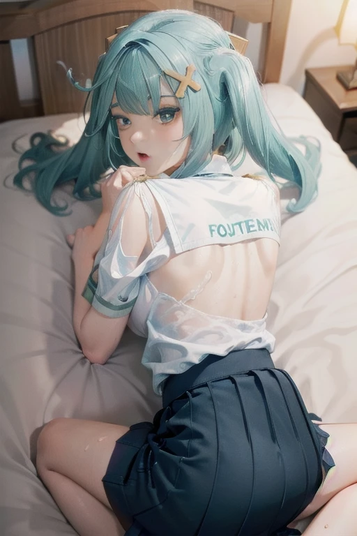 top quality,8K,one girl,Faruzan,despise,blush,open mouth,shoulder,buttocks,(buttocks focus:1.2),turn around and look back,lying down on bed,back to the viewer,Full body like,thin face,Clear face,Exquisite facial features,sexy,(school uniform:1.1), short skirt,sheer material T-shirt, back-view,(many cum on body:1)