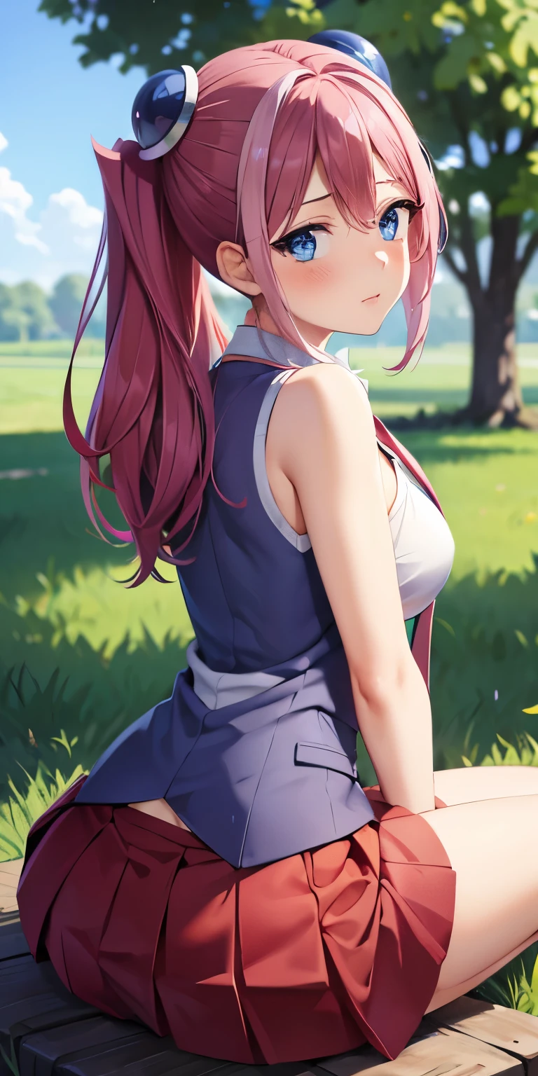 1 Female,High definition,high resolution,Ultra-realistic,8K, hy1, hair ornament, multicolored hair, blue eyes,necktie,pink skirt,tight skirt, ((miniskirt)) ,sleeveless, jewelry, small breasts,European,sexy,Upper body close-up,Photographed from the front,Dynamic Angles,(blush), (small tits) ,(arms behind head),(sitting),,from behind,huge ass,((show ass))