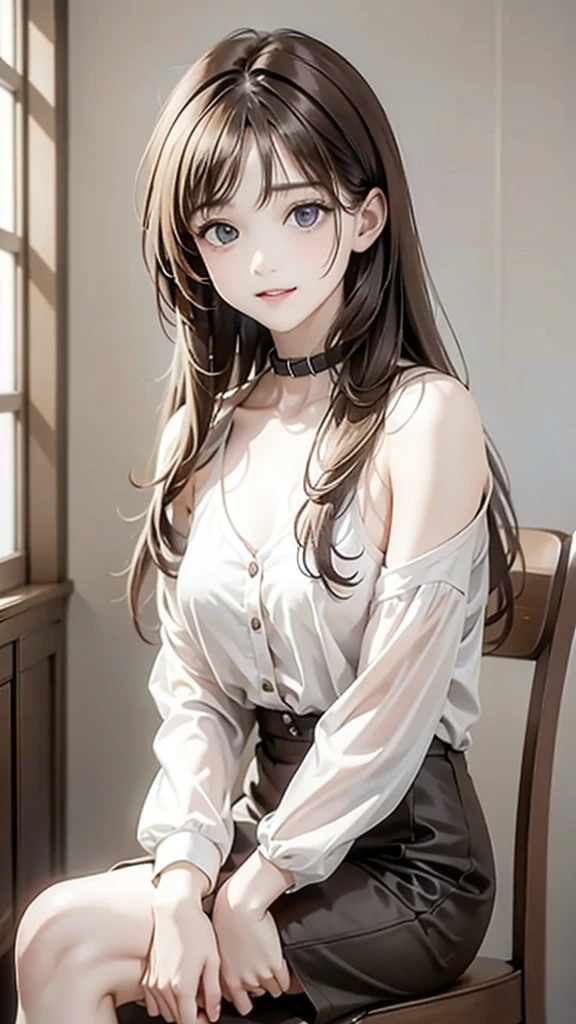 portrait woman with shoulder-length brown hair. She is wearing a white blouse with a collar and long sleeves. Her hair is styled in loose waves and falls over her shoulders. She has a serious expression on her face and is looking directly at the camera. The background is blurred, but it appears to be a room with a window and some chairs. The overall mood of the image is calm and contemplative.