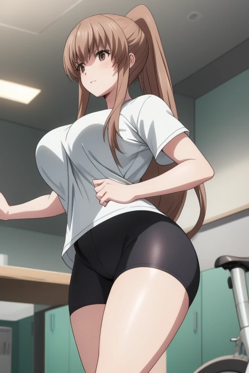 masterpiece, best quality, absurdres, 1girl,  
Kazane brown hair, long hair, brown eyes, ponytail, t-shirt, bike shorts, thighs, thick legs, long legs,
BREAK  nice hands, perfect hands, beaufitul hand, beautiful finger, indoors, (perfect anatomy), thick thighs, large breasts,