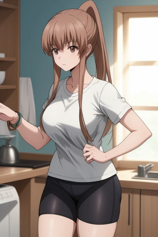 masterpiece, best quality, absurdres, 1girl,  
Kazane brown hair, long hair, brown eyes, ponytail, t-shirt, bike shorts, thighs, thick legs, long legs,
BREAK  nice hands, perfect hands, beaufitul hand, beautiful finger, indoors, (perfect anatomy), thick thighs, large breasts,