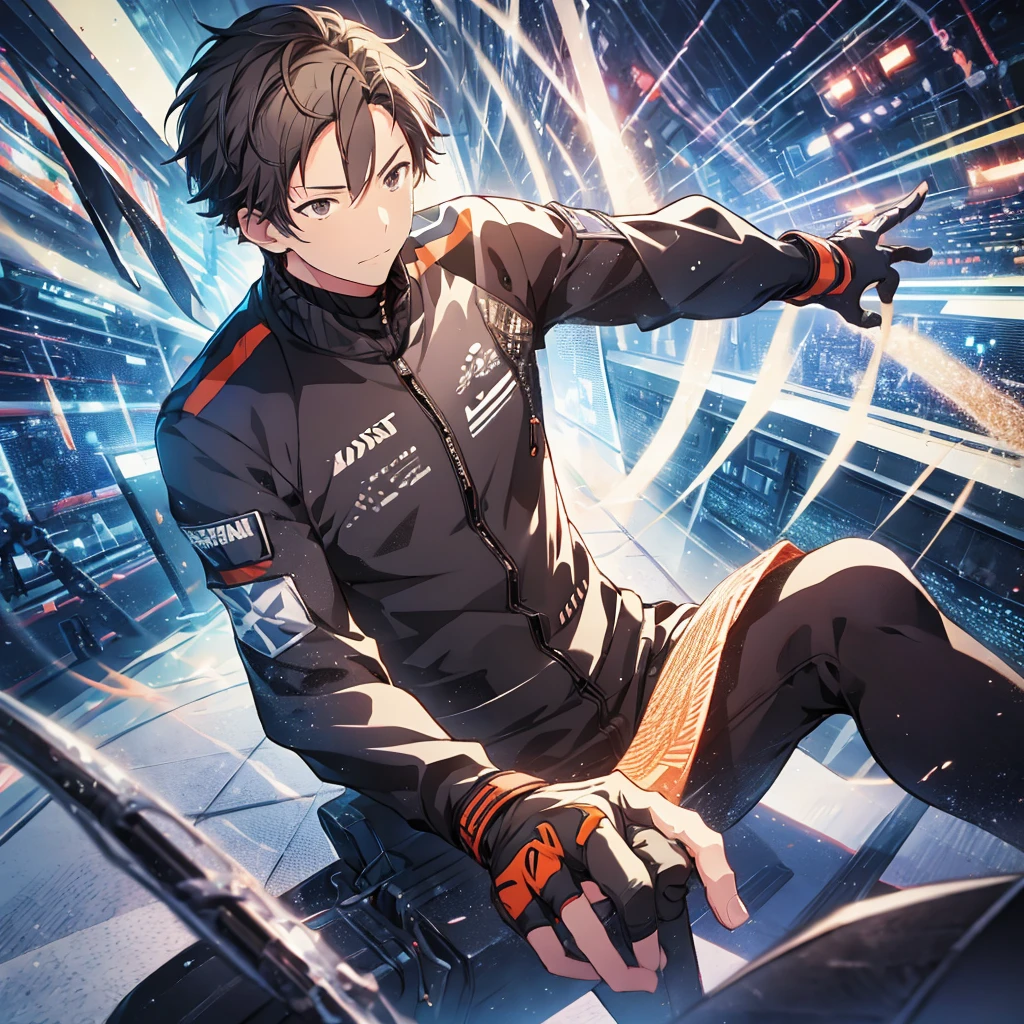  illustration of a young man , Black Hair, Short Hair, Black Eyes, Short Wolf Hair, 20-year-old man,  wearing a black pilot suit, Relaxing in the spaceship lobby ,  serious expression , Official Art、 best quality 、 unity 8k Wallpaper 、32K、masterpiece、Super detailed, Male nose, Male Eyes , Male outline ,  male skeleton , Male Body,