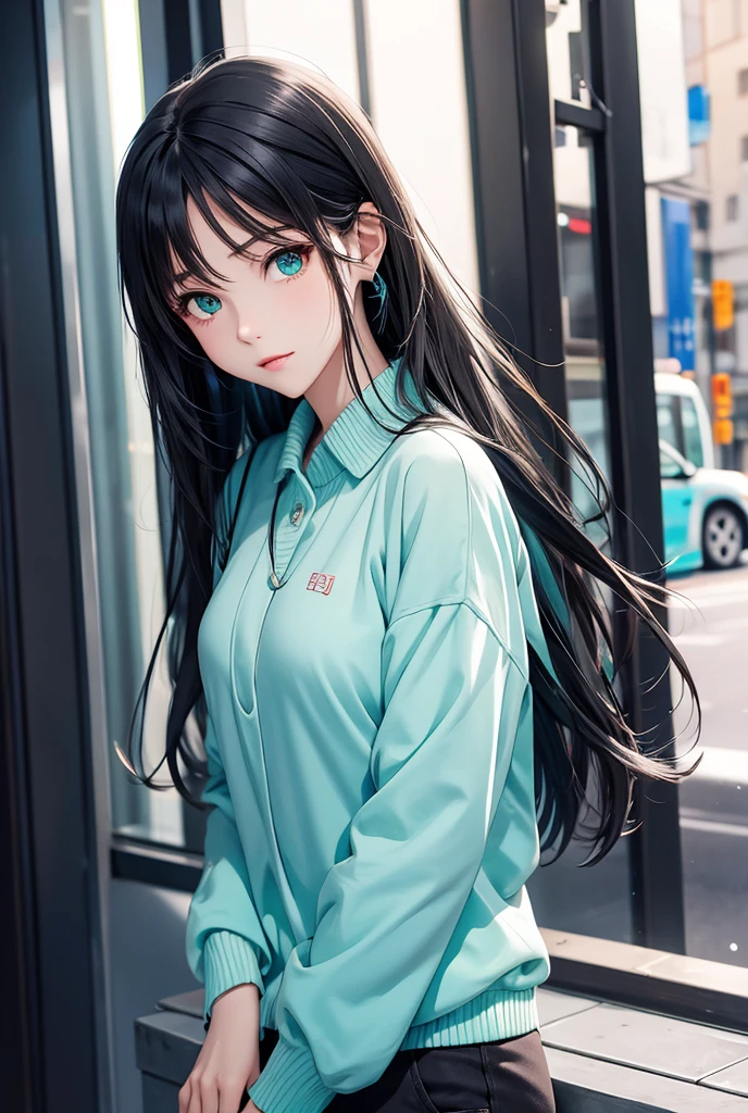 Asuna with black hair and green eyes in blue clothes

 
