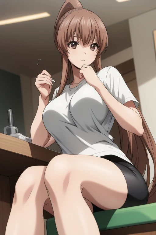 masterpiece, best quality, absurdres, 1girl,  
Kazane brown hair, long hair, brown eyes, ponytail, t-shirt, bike shorts, thighs, thick legs, long legs,
BREAK  nice hands, perfect hands, beaufitul hand, beautiful finger, indoors, (perfect anatomy), thick thighs, large breasts, sitting,