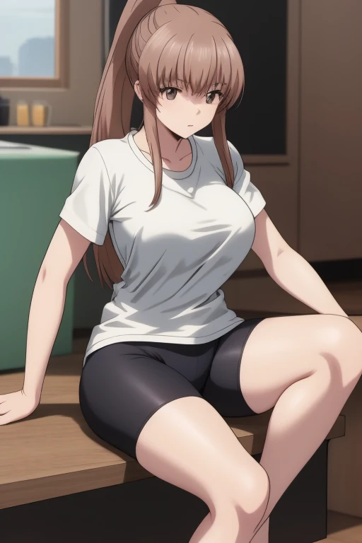 masterpiece, best quality, absurdres, 1girl,  
Kazane brown hair, long hair, brown eyes, ponytail, t-shirt, bike shorts, thighs, thick legs, long legs,
BREAK  nice hands, perfect hands, beaufitul hand, beautiful finger, indoors, (perfect anatomy), thick thighs, large breasts, sitting,