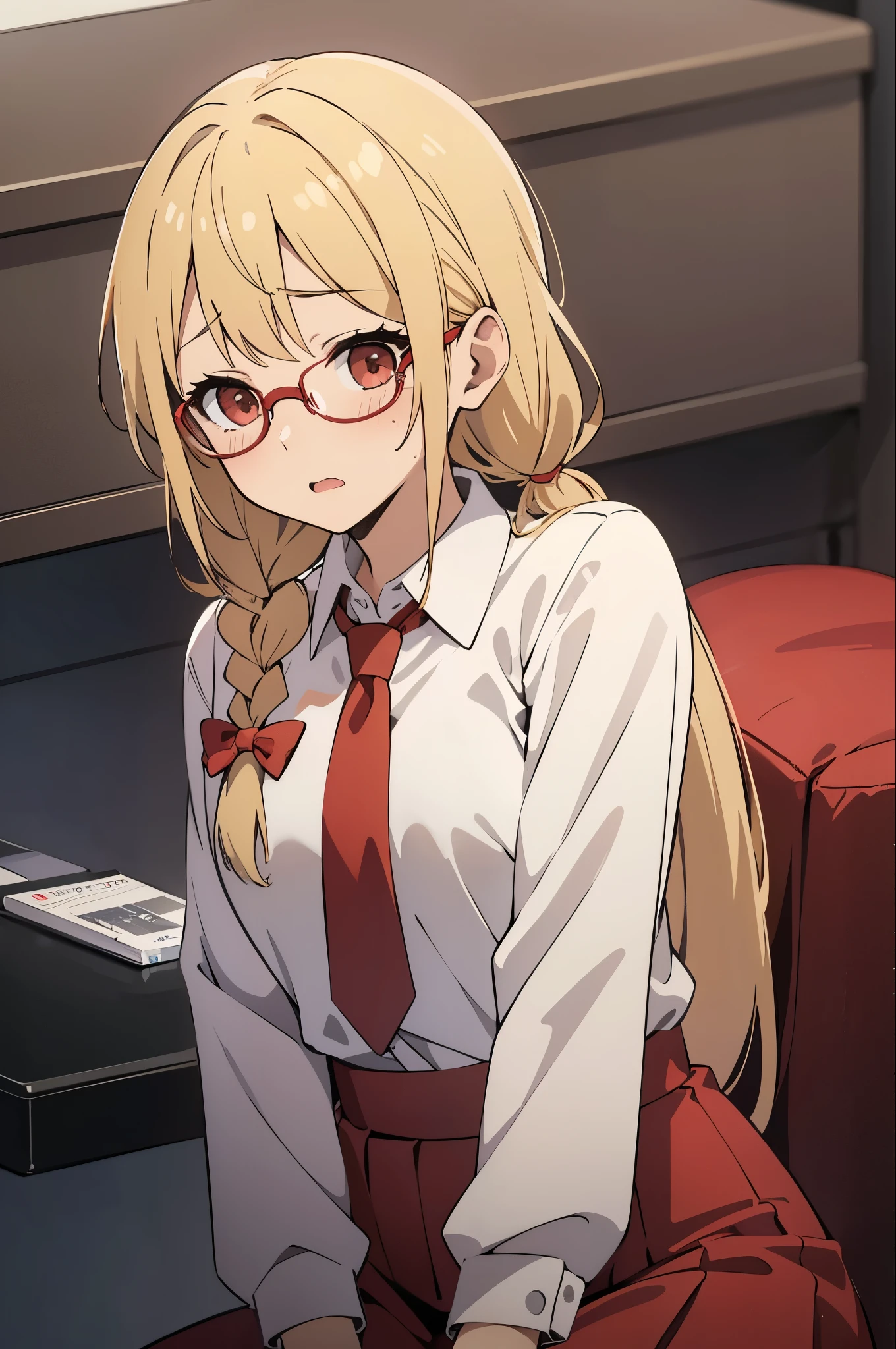 Anime girl, blonde hair, red glasses, 1 braid, wearing white shirt red tie, head down ,bow down, shy, blush, cute, red face, seating , bow, blushing , office tie, looking down , big boobs, big breast huge breast boobs 