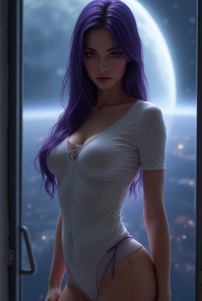 1girl, beautiful face, ((white eyes)), sexy pose, Red moon in the background, stars, space, (lightroom:1.13), soft light, (natural skin texture:1.2), (Hyperrealism:1.2), sharp focus, focused,[[realistic]]Front open shirt、Jacket、G-cup bust、Reddish-purple hair、Purple bra、Pencil Skirt、Glamorous figure、Big Ass、Side view、
