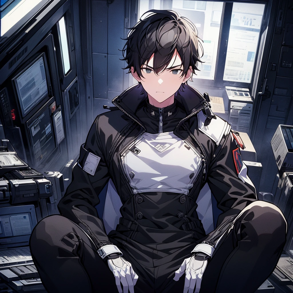  illustration of a young man , Black Hair, Short Hair, Black Eyes,  short wolf hair , 20-year-old man,  wearing a black pilot suit,  relaxing in a spaceship lobby ,  serious expression , Official Art、 best quality 、 unity 8k Wallpaper 、32K、masterpiece、Super detailed, Male nose, Male Eyes , Male outline ,  male skeleton , Male Body,