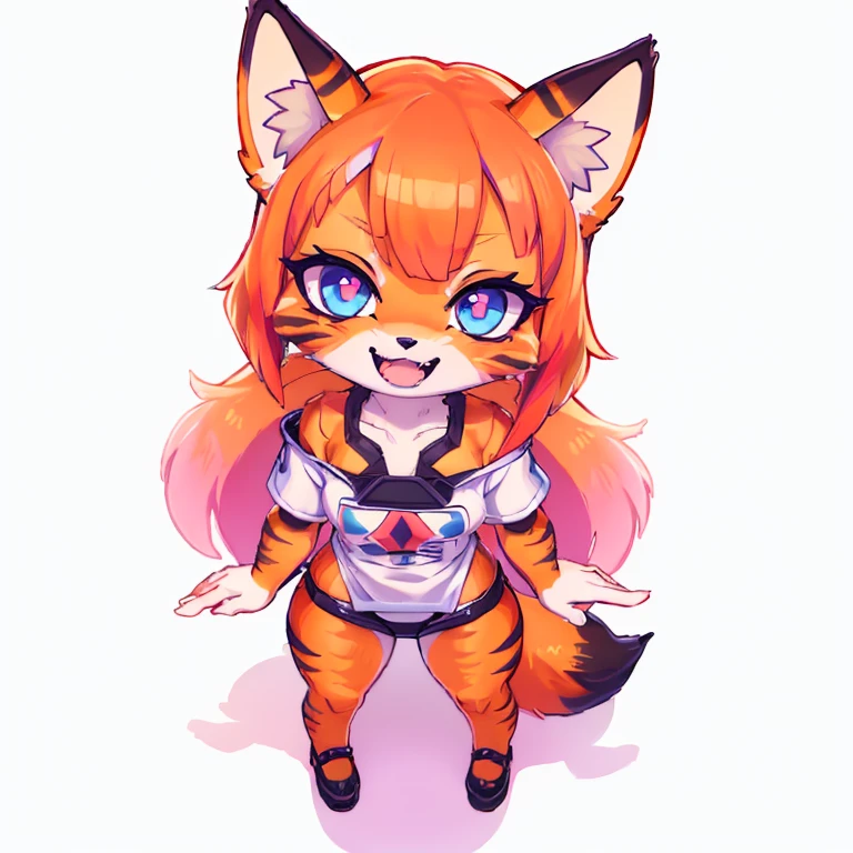 (cyberpunk style), ( masterpiece ,  high quality ,  Best quality , 8k, high resolution), ((chibi style, Chibi cute)), (Alone, A girl  ), {fox girl, Fox Face, 2 fangs , long eyelashes, eyeliner} {fox mustaches }, ((( Fox skin all over the body,  fox stripes on the body , visible ears  ))), ((Long rainbow hair)), hair clip, [[hair clip Cyberpunk]], ((very happy)), ((open mouth)), [Rainbow pupil ], ((looking up)), ( Very small breasts ), thin arms, ( arm down), armpits, ((Mini T-shirt,  full white t-shirt )), {Calsa Legging brancos}, {{{ mini tiger tail ,  tail on the back }}}, (((Goal from above the body))), (((standing,  choppy heel angle ))),  dynamic pose, white background, simple background , (((( Tora-chan style on Hanayome )))), (( dazzling vivid color)), ANIME STYLE, Color of Mango .  masterpiece , perfect anatomy.