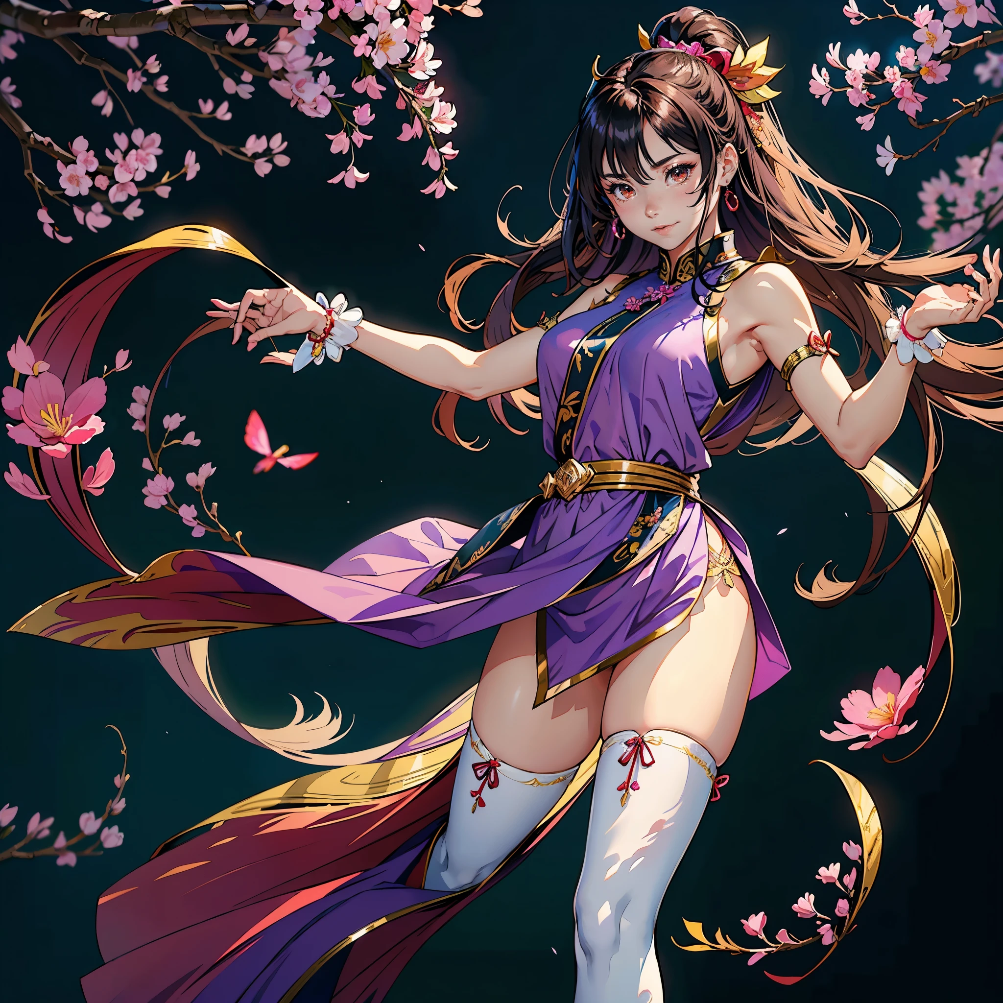 (highest quality, masterpiece, High resolution)、(anime art)、bright light、brown eyes、(Cat ear)、long hair、hair ornaments、Cute face details、enchanting smile、small breasts、whole body、((sakura tropical)) (best quality,4k,8k,highres,masterpiece:1.2),ultra-detailed,(realistic,photorealistic,photo-realistic:1.37),acrylic painting,beautiful Indonesian model wearing a vibrant purple Chinese school uniform, beautiful Indonesian model in a purple silk Chinese school uniform outfit with downy hair,beautiful Indonesian model's pink red silk dress adorned with cute bows and chains, beautiful Indonesian model with extremely colorful hair and detailed facial features,beautiful Indonesian model standing in a beautiful garden, beautiful Indonesian model with intricate accessories,beautiful Indonesian model posing gracefully,beautiful Indonesian model with long flowing long hair,beautiful bright brown eyes and rosy lips,beautiful Indonesian model with a joyful expression,beautiful Indonesian model in a dynamic pose with sakura blossoms falling around her,beautiful Indonesian model surrounded by colorful flowers and butterflies, thigh high tights,beautiful Indonesian model with an enchanting smile,beautiful Indonesian model with soft, pastel-colored shading, beautiful Indonesian model with a fairytale-like background,