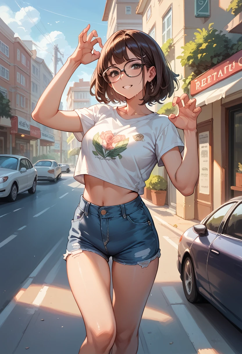  photo of a brunette woman wearing black-rimmed glasses,regatta, short and tight denim shorts ,funny pose,  posing on a sunny day on the street , Characterize asphalt , afterwards, buildings, 