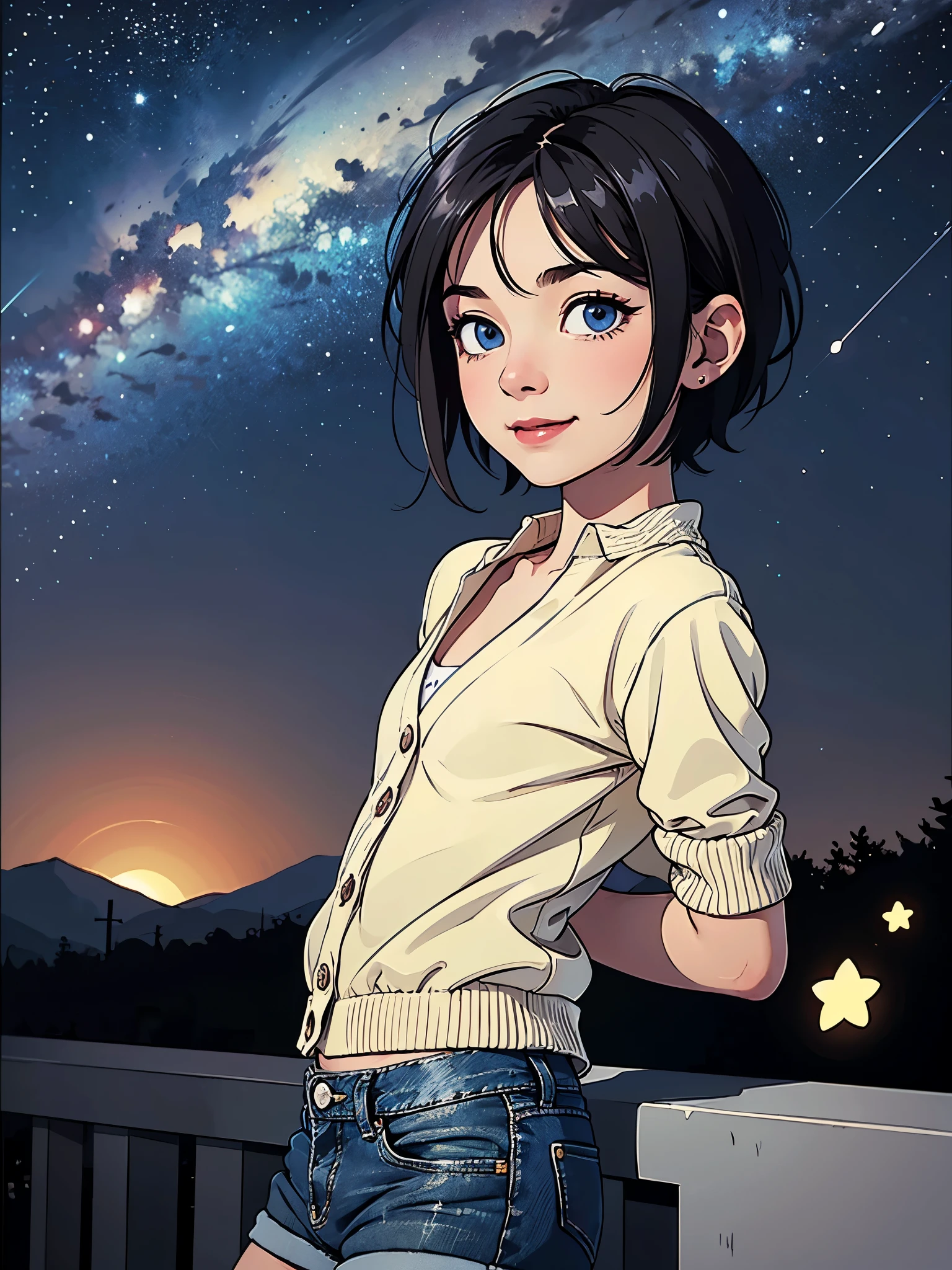 Illustration of a cute boy. ((He is wearing very short denim. He is wearing a cardigan over his shirt and denim shorts)). He is smiling with his head tilted to the side. The background is a night view of a hill with a view of the sea. 1boy, cute boy, (solo), (young boy), (very short hair, pixie cut hair, shiny black hair), (clear blue eyes), light smile, Half open mouth, (flat chest), ((standing)), (best quality, high quality), highly resolution, ((masterpiece)), 16k, (full color, vivied color), ((beautiful detailed eyes)), (detailed hair, detailed face), (detailed skin), (arms behind back), (very dark midnight), starry sky, (beautiful background), (((from front view))), looking at me, low angle, (((cowboy shot))), (detailed shading), (((Lean forward))), ((face focus)),