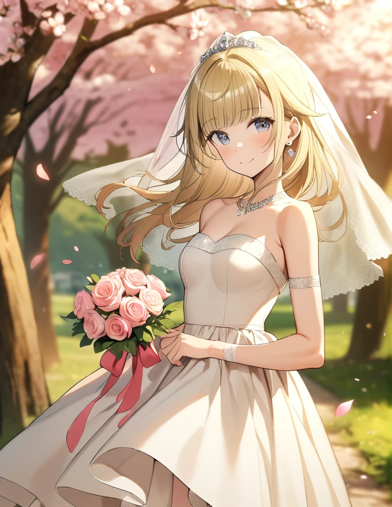 ((masterpiece)),(((best quality))),((ultra-detailed)),((illustration)),((disheveled hair)),((frills)),(1 girl),(solo), 1girl, bare_shoulders, bouquet, bridal_veil, bride, cherry_blossoms, confetti, depth_of_field, dress, earrings, falling_leaves, falling_petals, flower, hanami, jewelry, leaves_in_wind, long_hair, looking_at_viewer, motion_blur, petals, petals_on_liquid, pink_flower, rose, rose_petals, see-through, smile, solo, spring_(season), standing, tree, veil, watermark, wedding_dress, wind, rating:safe, blurry, blonde_hair, grey_eyes