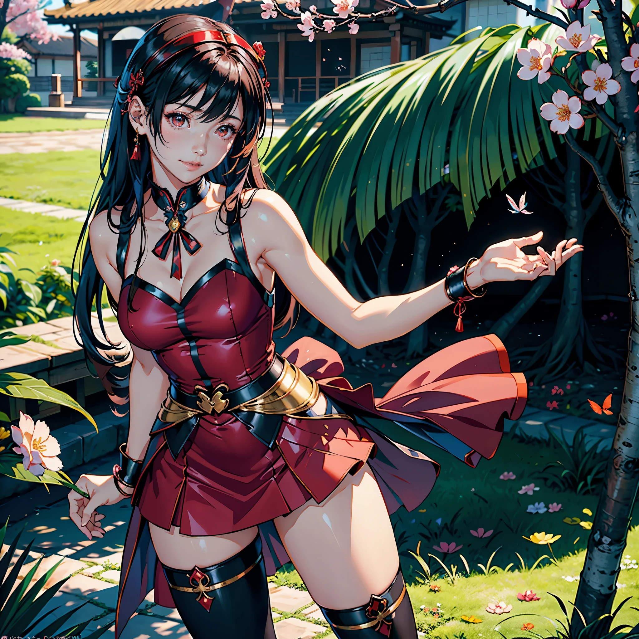 (highest quality, masterpiece, High resolution)、(anime art)、bright light、brown eyes、(Cat ear)、long hair、hair ornaments、Cute face details、enchanting smile、small breasts、whole body、((sakura tropical)) (best quality,4k,8k,highres,masterpiece:1.2),ultra-detailed,(realistic,photorealistic,photo-realistic:1.37),acrylic painting,beautiful Indonesian model wearing a vibrant red Chinese school uniform, beautiful Indonesian model in a red silk Chinese school uniform outfit with downy hair,beautiful Indonesian model's red silk dress adorned with cute bows and chains, beautiful Indonesian model with extremely colorful hair and detailed facial features,beautiful Indonesian model standing in a beautiful garden, beautiful Indonesian model with intricate accessories,beautiful Indonesian model posing gracefully,beautiful Indonesian model with long flowing long hair,beautiful bright brown eyes and rosy lips,beautiful Indonesian model with a joyful expression,beautiful Indonesian model in a dynamic pose with sakura blossoms falling around her,beautiful Indonesian model surrounded by colorful flowers and butterflies, thigh high tights,beautiful Indonesian model with an enchanting smile,beautiful Indonesian model with soft, pastel-colored shading, beautiful Indonesian model with a fairytale-like background,