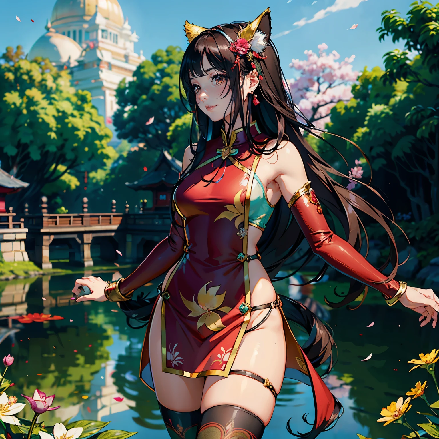 (highest quality, masterpiece, High resolution)、(anime art)、bright light、brown eyes、(Cat ear)、long hair、hair ornaments、Cute face details、enchanting smile、small breasts、whole body、((sakura tropical)) (best quality,4k,8k,highres,masterpiece:1.2),ultra-detailed,(realistic,photorealistic,photo-realistic:1.37),acrylic painting,beautiful Indonesian model wearing a vibrant red Chinese school uniform, beautiful Indonesian model in a red silk Chinese school uniform outfit with downy hair,beautiful Indonesian model's red silk dress adorned with cute bows and chains, beautiful Indonesian model with extremely colorful hair and detailed facial features,beautiful Indonesian model standing in a beautiful garden, beautiful Indonesian model with intricate accessories,beautiful Indonesian model posing gracefully,beautiful Indonesian model with long flowing long hair,beautiful bright brown eyes and rosy lips,beautiful Indonesian model with a joyful expression,beautiful Indonesian model in a dynamic pose with sakura blossoms falling around her,beautiful Indonesian model surrounded by colorful flowers and butterflies, thigh high tights,beautiful Indonesian model with an enchanting smile,beautiful Indonesian model with soft, pastel-colored shading, beautiful Indonesian model with a fairytale-like background,