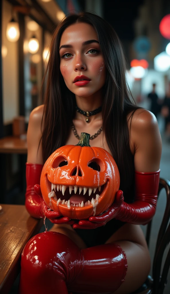 1 girl ultra skinny anorexic russian teen , (( Holding a small Red shiny plastic jack o lantern )), (Cumface girl cumface jack o lantern), WEARING long red latex gloves, gloves that go up to the shoulders, latex black STOCKINGS, 20 inch red platmorm high heels. she is gracious, (cumface woman with lots of white cum, choker, restrained in heavy metal chains, in a workshop garage, crying, runny mascara, sticky, wet, dripping cum all over here face), Cum all over here hair and body, cum is dripping down cumshot, lots of sticky cum, (lots of cum is dripping down on there tits and body), Skinny slim anorexic body, She is shy, long black hair, dark red lips, heavy make up, black choker with a ring, long eyelash, rosy cheeks, pigtail hair, thin eyebrows, sitting an a café stol in a outside café, night time. intricate cafe and street lighting, dramatic lighting, handschuhe garter, full body picture,