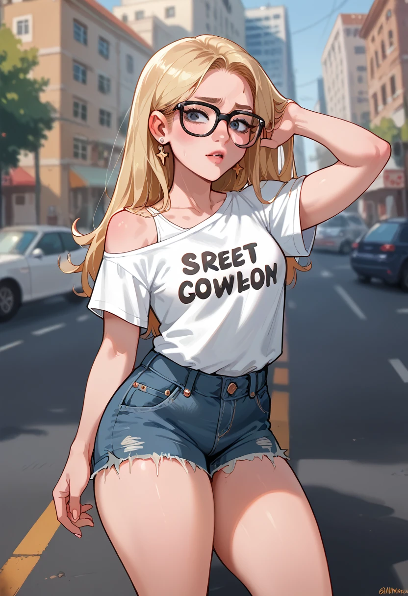  photo of a blond woman wearing black-rimmed glasses,Long straight hair, white shirt with one shoulder wide open  , short and tight denim shorts ,thick thighs,pose legal, pose cool,  posing on a sunny day on the street , Characterize asphalt , afterwards, buildings, 