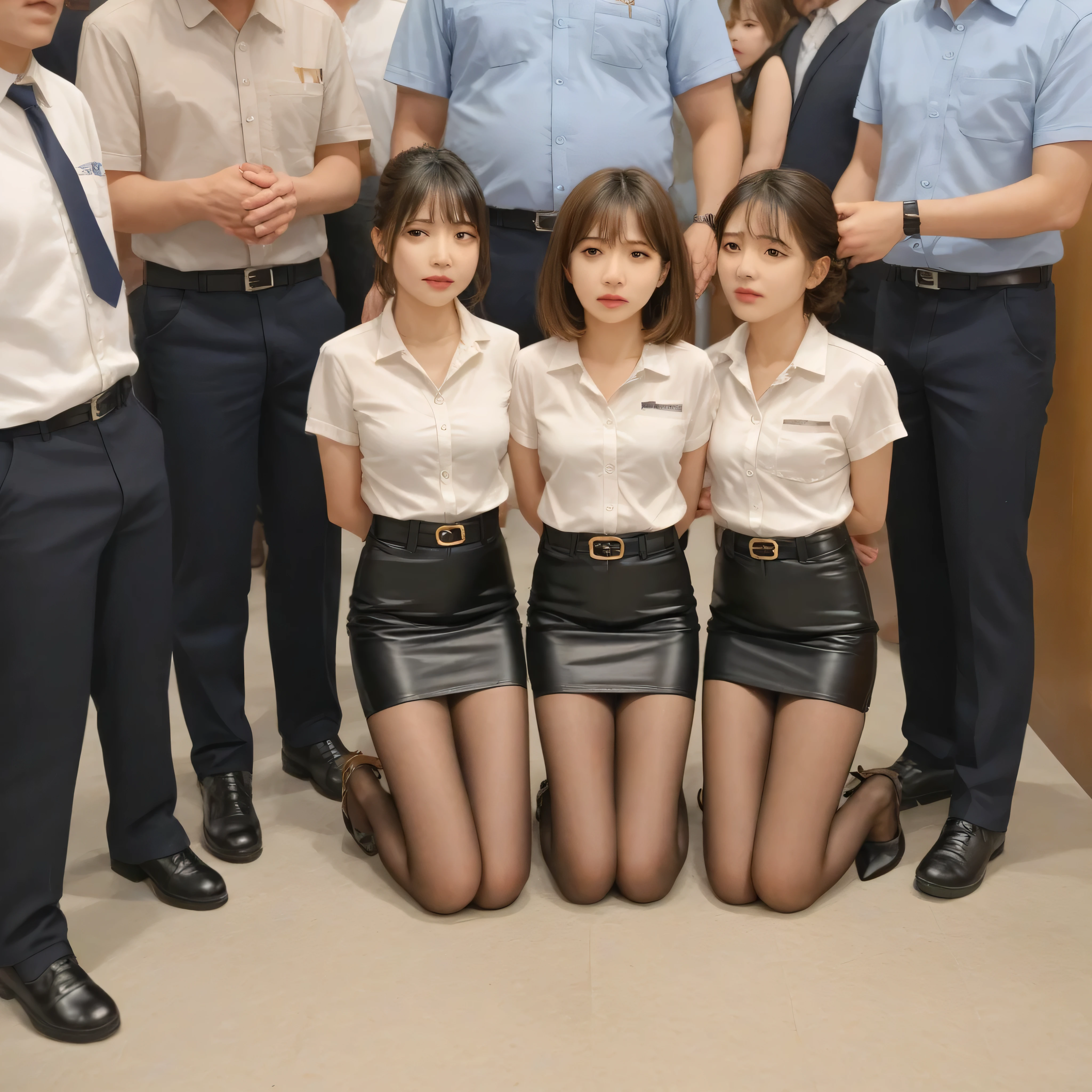 score_9, score_8_up, score_7_up, source_anime, 2boys, 4girls, boys are 18-21 years old, 1girl is 55 years old and is a curvy plus-size mature female with wide hips and fat belly, her arms behind back, she have bound arms, sher has tied ankles together, she is wearing a white formal shirt with collar and buttons and short sleeves, short light brown leather pencil skirt with belt, transparent light brown pantyhose, sexy brown shoes,
2girl is 35 years old, wears a black satin top and a grey short leather pencil skirt, light brown pantyhose, sexy black plateau high heels and her arms behind back, she have bound arms, sher has tied ankles together,
girls kneels lineup, girls kneels in a row, kneels in a livingroom
.
Begind girls stand the boys. Boys taken girls head with both hands. boys forced girls on knees, boys have gig bulge in pants. full body view, full side view, full angle view,
