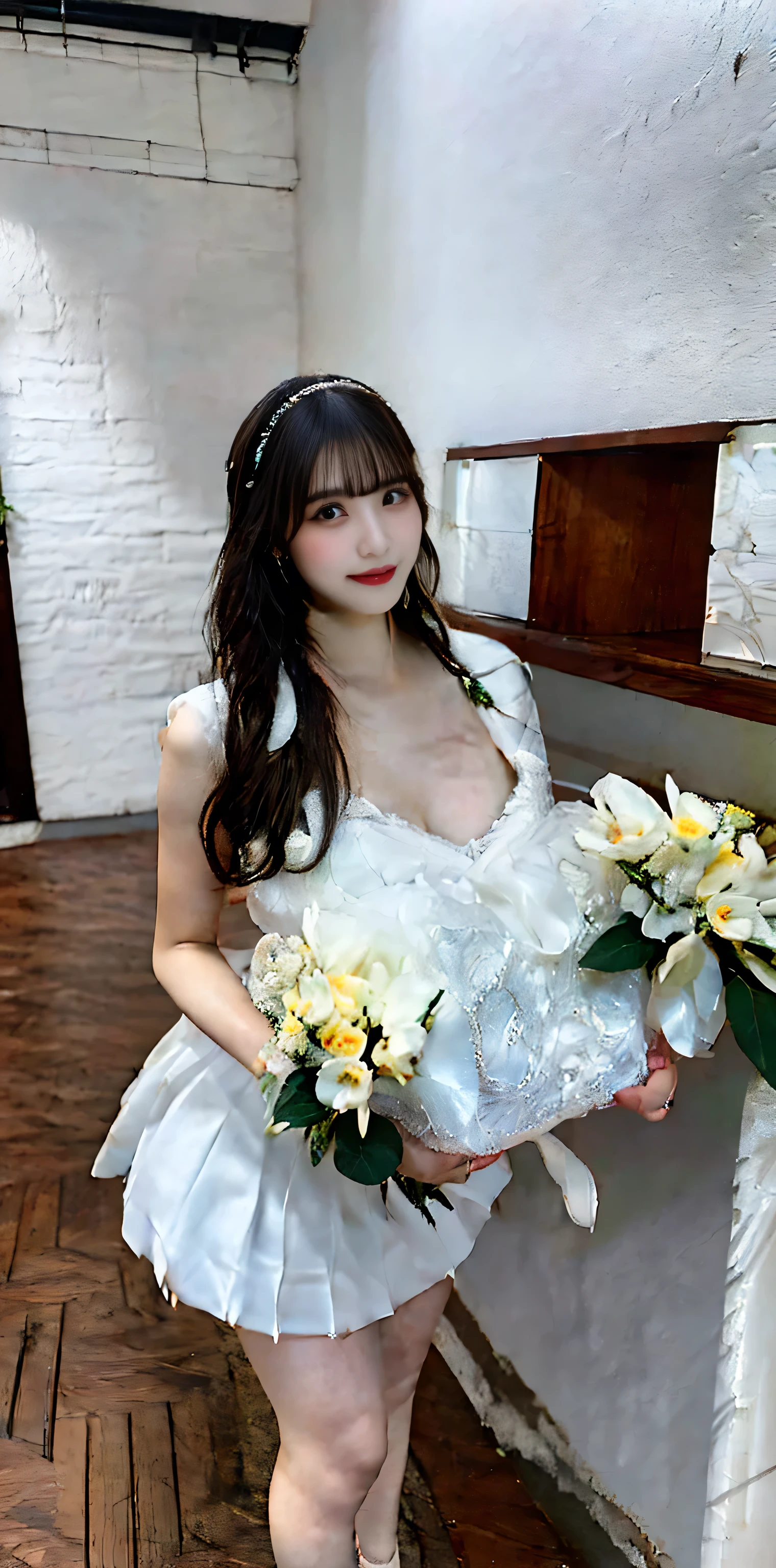 1girl, full body, white dress, detailed face, very long thick messy dry black hair, dark background, beautiful ethereal ghastly, (masterpiece), highest quality, ultra-high resolution, (luminescent glowing rose:1.2) inside exquisite glass cloche, mesmerizing design, craftmanship display, sharp focus, fallen petals, (15yo, cute:1.2), (gigantic breasts:1.2),