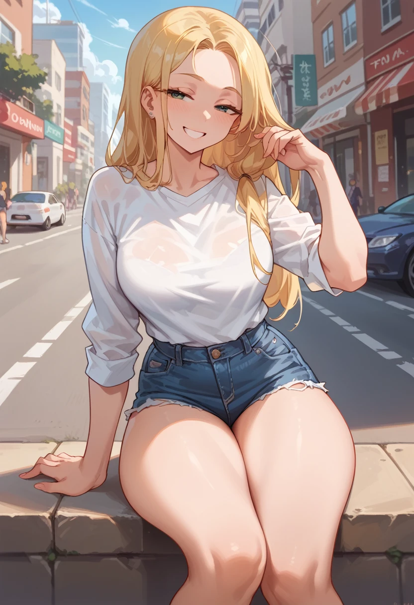 photo of a blonde woman ,Long straight hair, white shirt with one shoulder wide open  , short and tight denim shorts ,thick thighs,Knees, smile,  half-closed eyes, pose sexy,  posing on a sunny day on the street , Characterize asphalt , afterwards, buildings, 