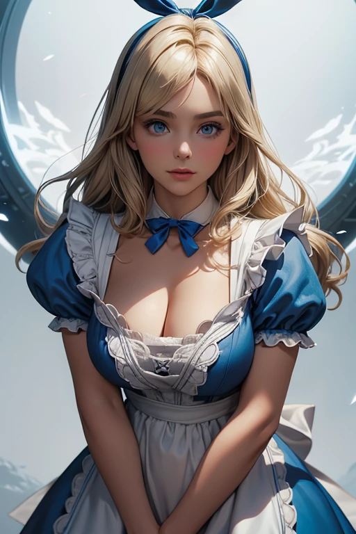 realistic 1.2,  in the style of Artgerm and Adam Hughes, She is standing,  Alice in Wonderland,  blue ribbon on the head , Blonde hair, blue dress with white apron ,  BIG BREASTS,  white socks,  cleavage, dynamic,  ultra high definition , vfx (Visual Effect)  highlight intricate anatomical features in a perfect way. sfx, complement visual art, immersing the viewer. The level of detail is inspiring,  with meticulously crafted intricate elements ,  Volumetric effects add depth and dimension , and the photorealism is unmatched.  The image is rendered in 8K resolution ,  guaranteeing super detailed visuals,  highlighting their beauty and the aura of a supernatural form .  High Dynamic Range technology  (HDR)  makes the cores stand out , adding richness to the overall composition. Finally, this art presents an unreal portrait.