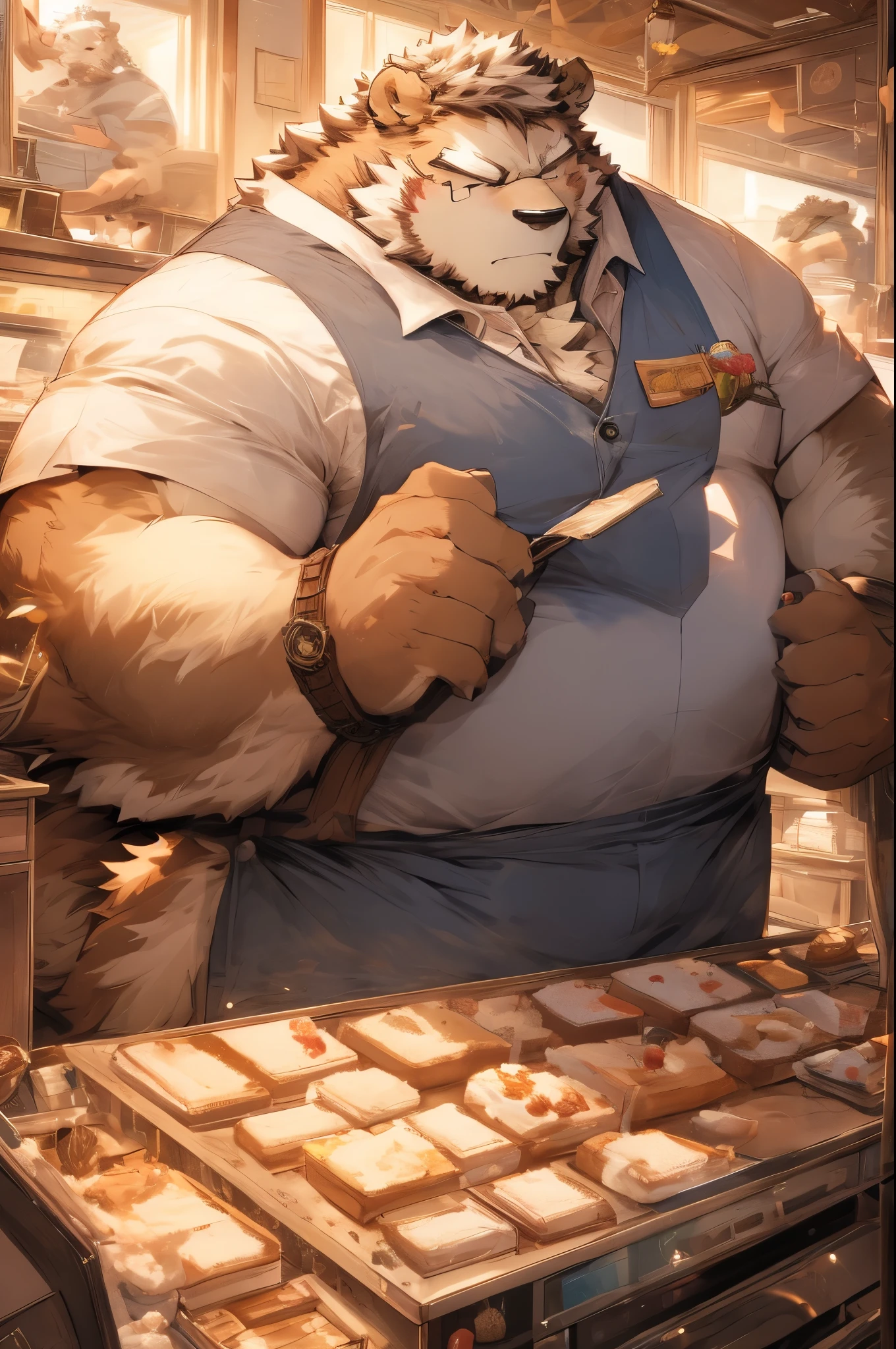 (Best quality: 1.0), (Super High Resolution: 1.0), (masterpiece, best quality:1.2), detailed, detailed hands, detailed eyes, score_9, score_8_up, score_7_up, furry, anthro, ((ram)), ((solo)), grandpa, (about 70 years old), (manly), curved horns, handsome face, huge, bangs, white beard, beard above mouth, fluffly fur, nipples, looking pleasured, sexually, sexy pose, SFW, coffee shop, (apron), flaccid, in heat, panting, sweat, sweaty, musk, (skinny, shy), hands touching, (looking at viewer, shy), blushes:0.3, close up view, (by bebebebebe, by syuro)