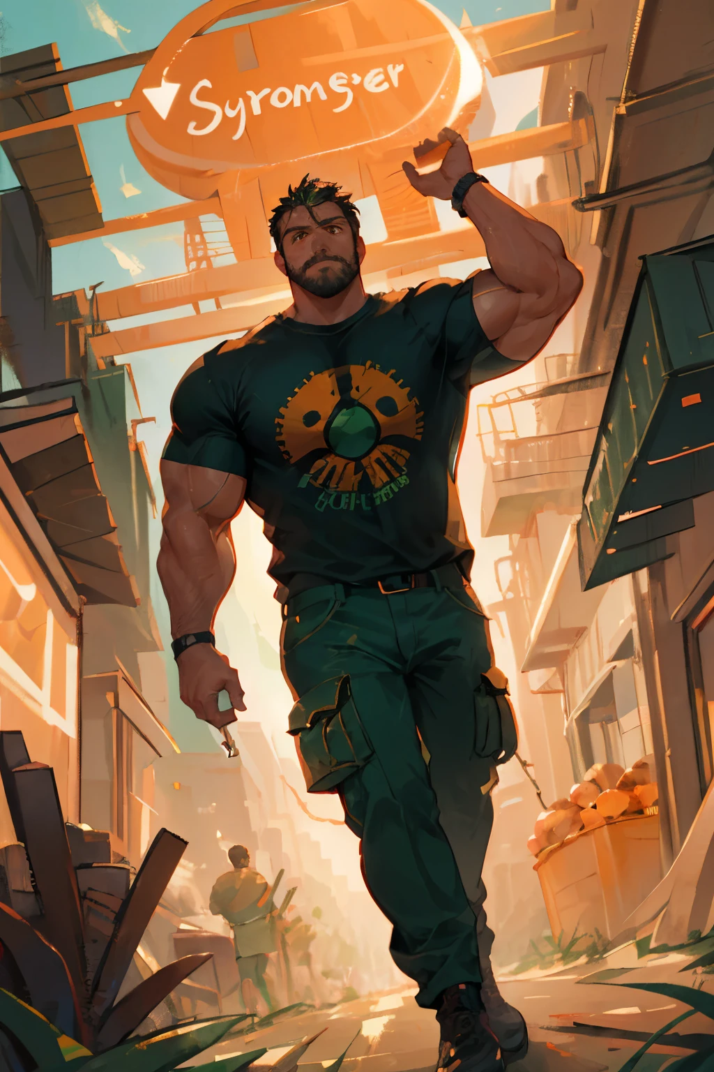 Masterpiece, Best Quality, Ultra-Detailed, 1man, Hypermasculine, strong, jock, stud, bara, hunk, thick neck, thick body, large body, tall, black hair, short hair, black beard, orange eyes, very beautiful eyes, detailed eyes, happy expression, black shirt, dark green pants, cargo pants, victorian city background, action pose