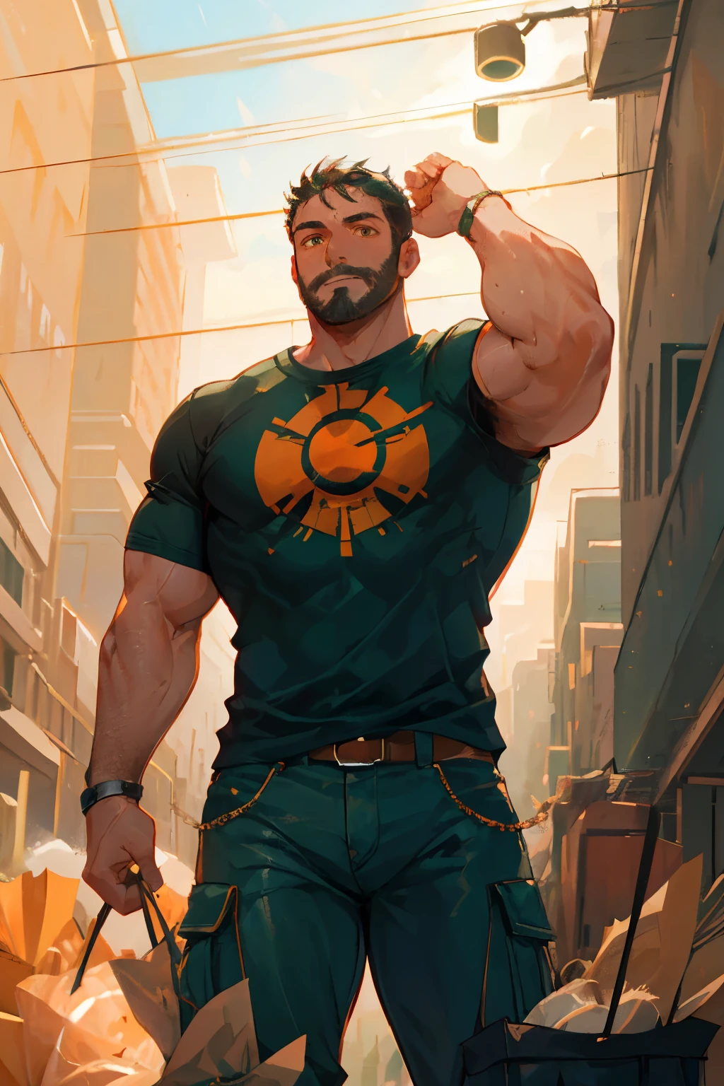 Masterpiece, Best Quality, Ultra-Detailed, 1man, Hypermasculine, strong, jock, stud, bara, hunk, thick neck, thick body, large body, tall, black hair, short hair, black beard, orange eyes, very beautiful eyes, detailed eyes, happy expression, black shirt, dark green pants, cargo pants, victorian city background, action pose