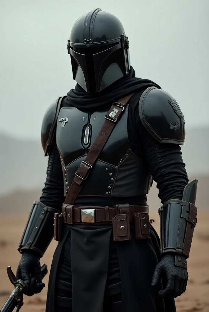 Make me a mandolorian with black armor and a raven emblem
