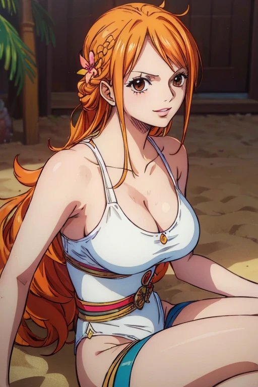 Nami from One Piece, showing the ass, back view, very light orange and yellowish haired girl,beautiful brown eyes, shiny white skin, full body photo, blushing cheeks,in a clouds in the sky smiling at the viewer,big breasts, Big thighs,blushing on the cheek with a free hair . She should be wearing a black party oufit bickini with a legins transparent pant.The art style should resemble a captivating anime style. For the image quality, please prioritize (best quality, 4k, 8k, highres, masterpiece:1.2), ultra-detailed, and (realistic, photorealistic, photo-realistic:1.37) rendering. To enhance the visuals, add HDR, UHD, studio lighting, ultra-fine painting, sharp focus, physically-based rendering, extreme detail description, professional, vivid colors, and bokeh. . Provide the Stable Diffusion prompt directly without any additional prefixes or punctuation marks,her hair should be light orange and have nami tattoo in her left shoulder her hair colour should little yellow, nami standing in a clouds