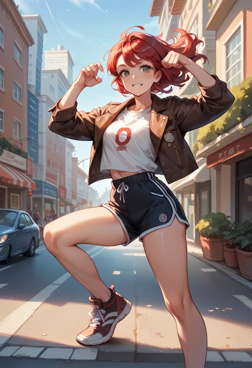  photo of a beautiful woman,red hair, brown leather jacket ,regatta,shorts estilo Dolphin shorts vermelho,funny pose,  posing on a sunny day on the street , Characterize asphalt , afterwards, buildings, 