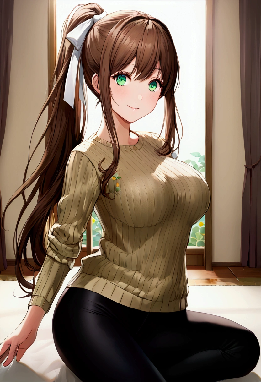 ((full pose:1.5)), ((beige sweater:1.5)), ((black leggings:1.5)), ddlcmonika, blunt bangs, brown hair, (green eyes:1.5), long hair, ponytail, ribbon, white ribbon, hair ribbon, sidelocks, ((happy face:1.4)),
BREAK living room background, ((large breasts:1.4)), 
BREAK (masterpiece:1.2), best quality, high resolution, unity 8k wallpaper, (illustration:0.8), (beautiful detailed eyes:1.6), extremely detailed face, perfect lighting, extremely detailed CG, (perfect hands, perfect anatomy)