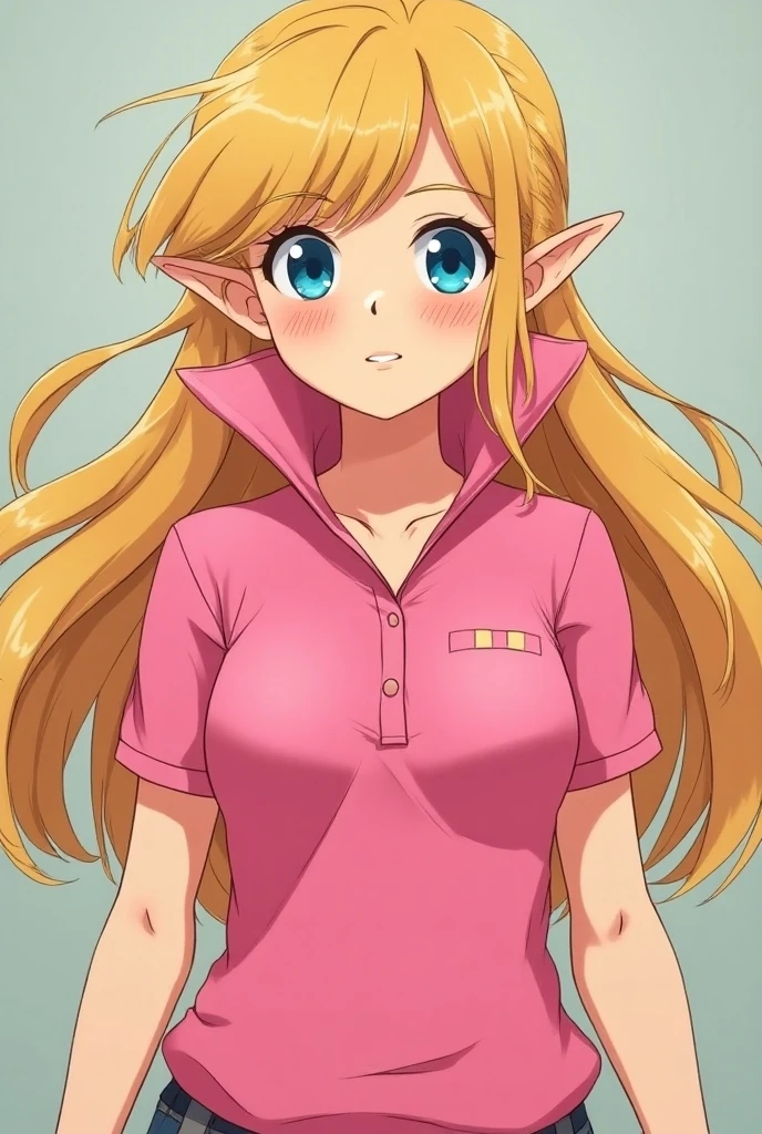 Anime, Princess Zelda wearing a Pink Polo with a Massive Popped Collar with her collar fully popped up