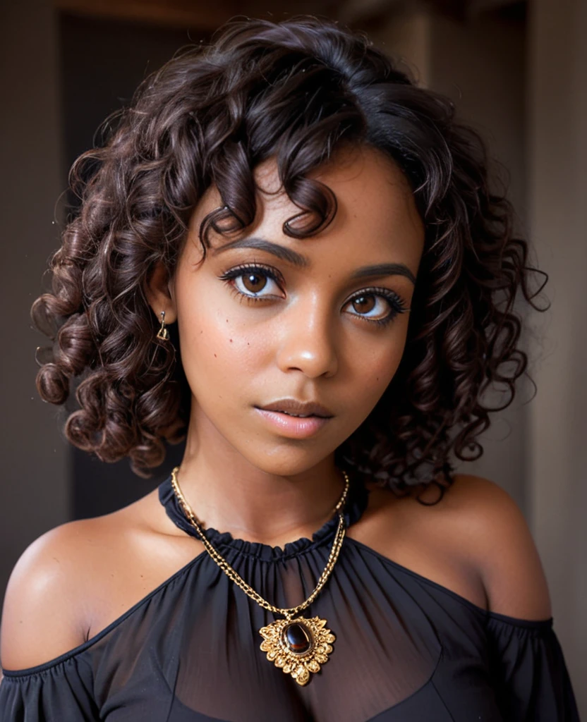 masterpiece, highest quality, (solo focus), (perfect face:1.1), (high detail:1.1),dramatic, 1woman, deep brown skin, expressive amber eyes, shoulder-long dark curls, beauty mark on her left cheek, wearing a blouse and a feminist necklace, staring defiantly at camera