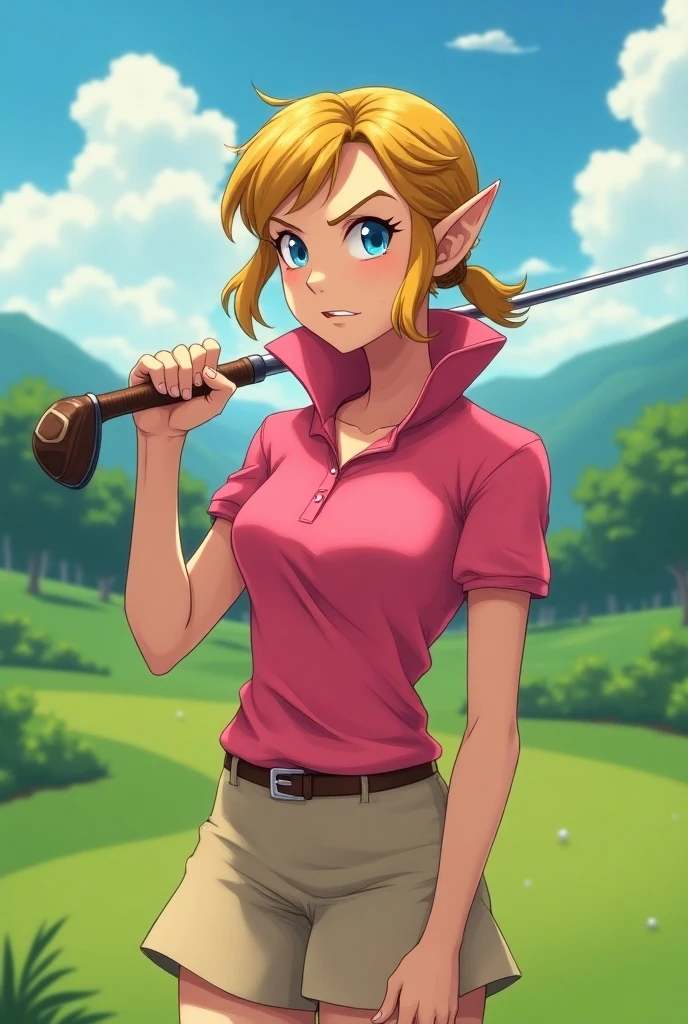 Anime, Princess Zelda wearing a Pink Polo with a Massive Popped Collar while playing Golf with her collar fully popped up