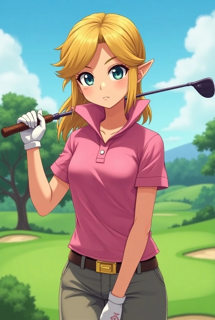 Anime, Princess Zelda wearing a Pink Polo with a Massive Popped Collar while playing Golf with her collar fully popped up