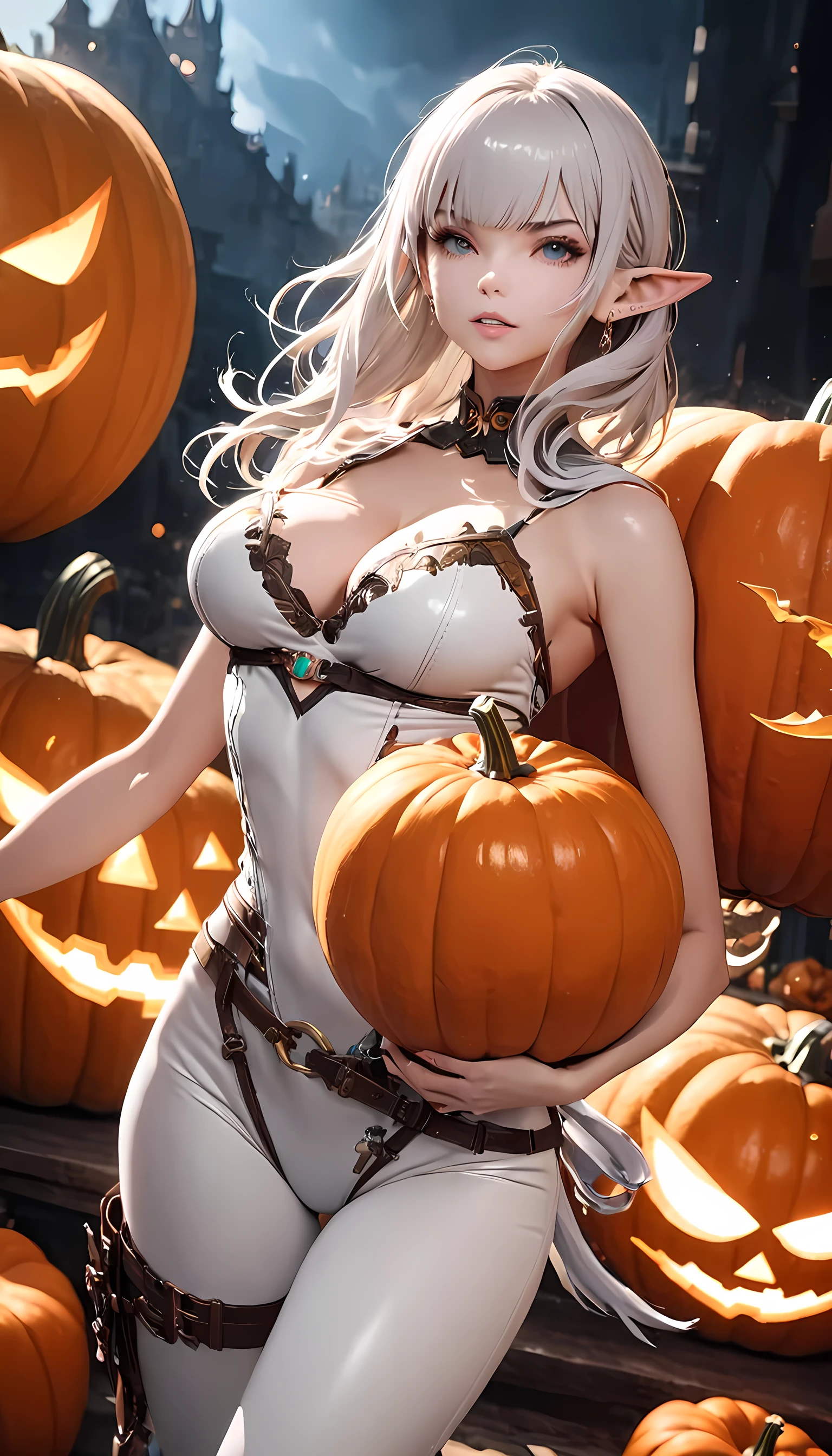 a fantasy epic illustration ((Larry Elmore style: 1.5)) of an elf thief holding a large ((pumpkin: 1.5)) shaped diamond in a vault, a female  elf thief, full body, small pointy ears, dynamic hair color, dynamic hair style,  ultra detailed face, wearing white leather leotard, white leather pants, busty, small cleavage, high heel boots, she is happy for reaching her goal, success, holding a large sized (pumpkin shaped diamond: 1.3), brilliant diamond,  fantasy safe vault background, torchlight, vibrant, Ultra-high resolution, High Contrast, (masterpiece:1.5), highest quality, Best aesthetics), best details, best quality, highres, 16k, [ultra detailed], masterpiece, best quality, (extremely detailed) RAW, (ultra details, Masterpiece, best quality), hyp3rd3tail style