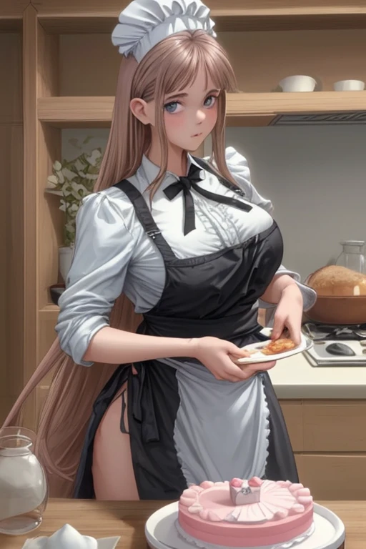 millers daughter, apron, flour on face, full breasts, skirt, brown hair in a braid