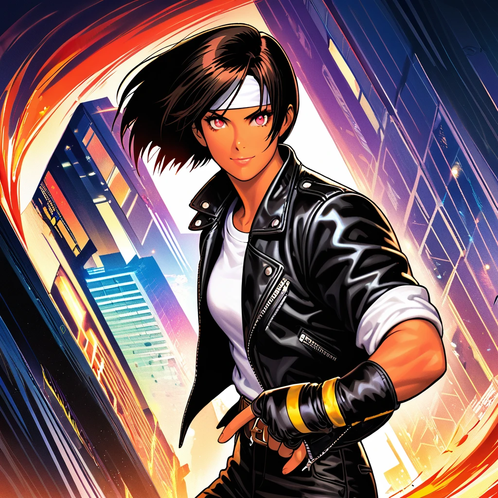 (masterpiece, top quality, official art:1.2), perfect anatomy, staring at viewer, one girl, alone, (modern city background), ultra-precision illustration, finely detailed, dynamic angles, individual beautiful details, 8k, anime style, dark hair,short cut, dark skin black leather jacket with rolled up arms), fingerless gloves, white T-shirt, (( white headband )), open jacket, black pants, white shoes, brown belt, ((glowing red eyes, more beautiful face)), breaking, dynamic angle, full body shot, smiling in colorful scene, ((black leather jacket with rolled up arms)), fingerless gloves, white T-shirt, (( white headband )), open jacket, black pants, white shoes, brown belt