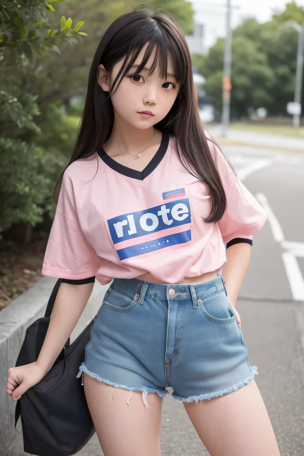 Beautiful girls dressed up as schoolgirls from the 1970s in a Japanese elementary school.,she is cute and beautiful like an idol.,She is pure and innocent.,She is wearing a white T-shirt,Extremely short, tight, and skinny denim shorts,High socks and sneakers.Short Bob.Ten-gallon hat,Western Boots