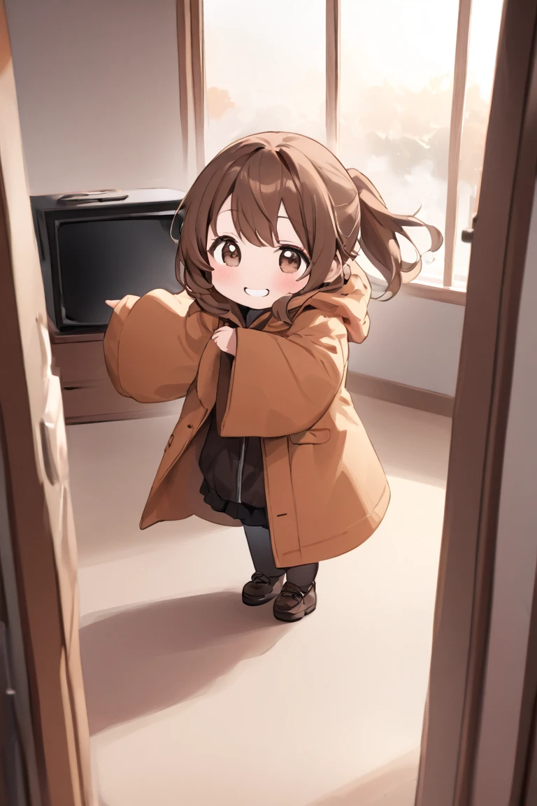 (masterpiece, best quality, hyper detailed:1.2), Thin line drawing, cute, watercolor, thick fog,
1girl, chibi, fair skin, medium brown hair, ponytail, floating hair, brown eyes, big and droopy eyes, BREAK,
There is a girl wearing an oversized coat, Her coat sleeves are long and hide her hands,
The length of the jacket is long, almost reaching the floor,
standing, in room, with television, with window, happy, cheerful grin,