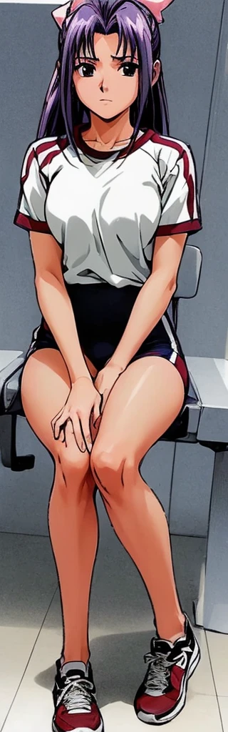 Momoko Koigakubo, who is tall and has beautiful legs in gym clothes, sits on a chair with her legs spread wide to the side。 angle from the front。High image quality。